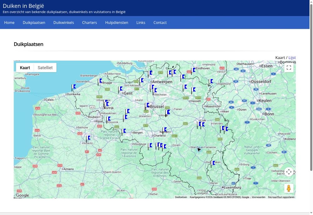 Screenshot van de interactieve kaart met duikplaatsen in België