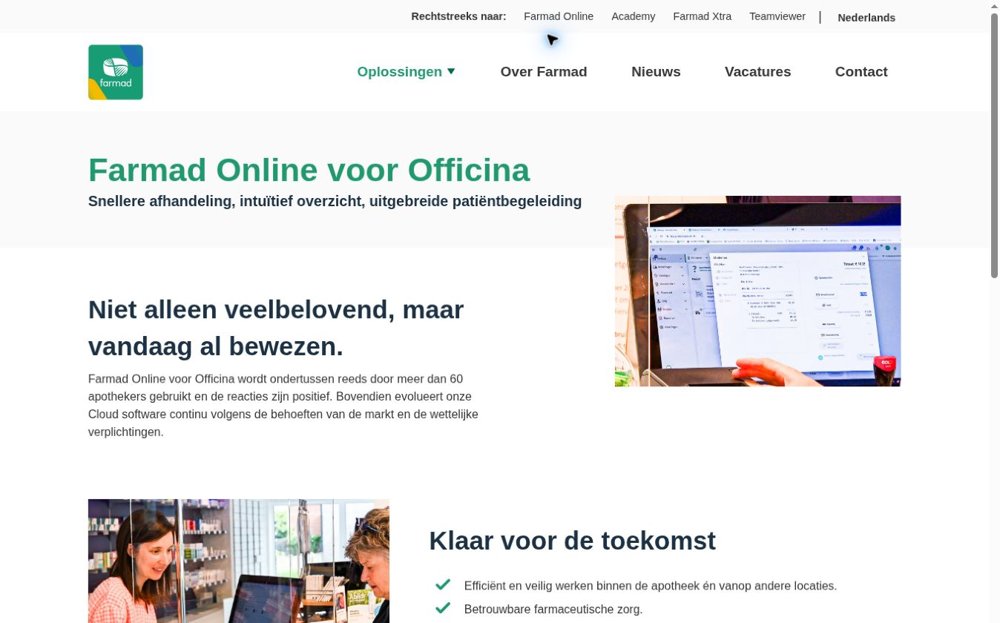 Screenshot van de officiële productpagina Farmad Online voor Officina